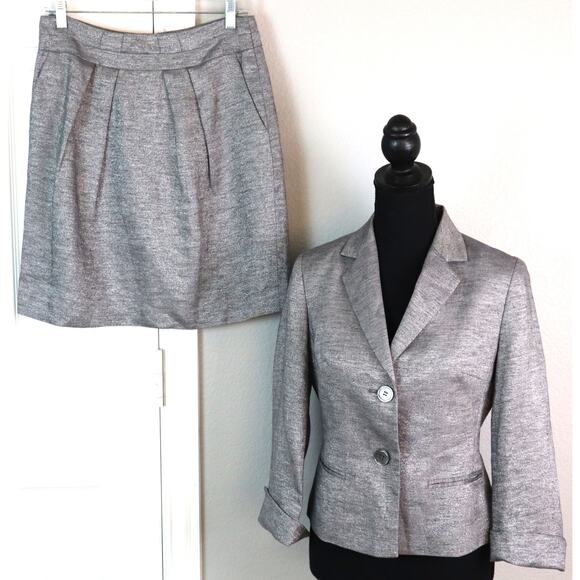 Talbots LINEN Gray Metallic Skirt Suit Mini Pleated 3/4 Sleeves Womens 2 4P work - Picture 1 of 8
